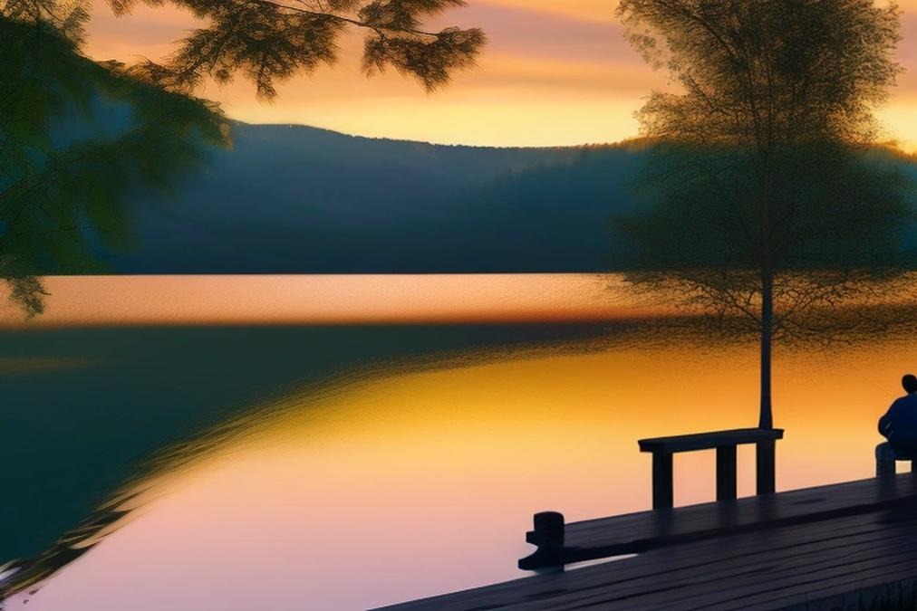 A serene and scenic landscape with a vibrant sunset over a calm lake